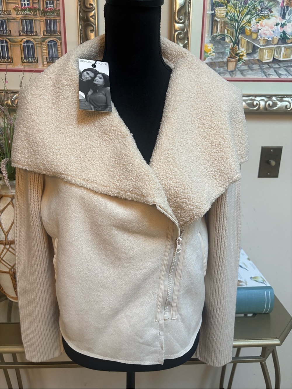 Kendall & Kylie Cream Faux Shearling Sherpa Collar Teddy Sweater Jacket Size M